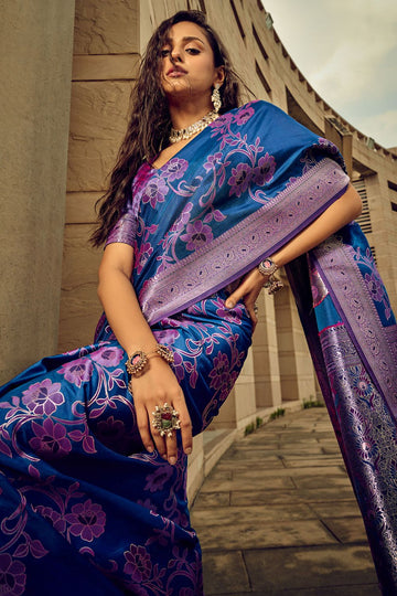 Indigo Blue Zari Woven Satin Brasso Party Wear Saree
