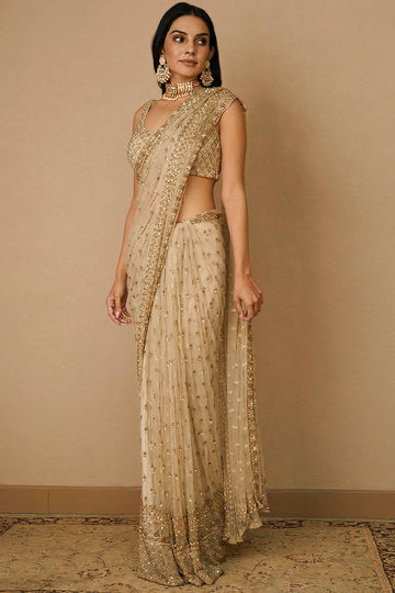Golden Embroidered Net Designer Saree