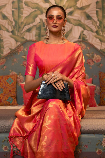 Hot Pink Woven Chinnon Silk Saree for Party