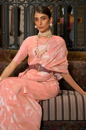 Peach Pure Handloom Weaving Silk Party Wear Saree
