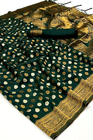 Bottle Green Woven Hand Spun Party Wear Saree