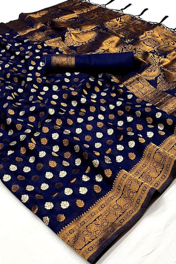 Navy Blue Woven Hand Spun Party Wear Saree