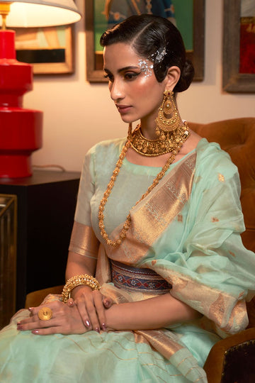 Ice Mint Zari Weaving Handloom Silk Saree