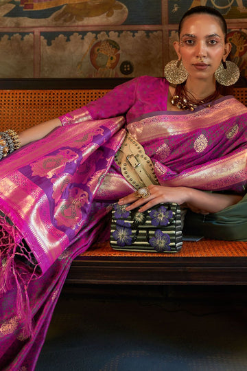 Magenta Woven Pure Satin Tanchoi Saree for Festival