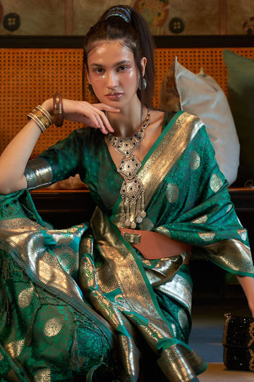 Rama Green Woven Pure Satin Tanchoi Saree for Festival