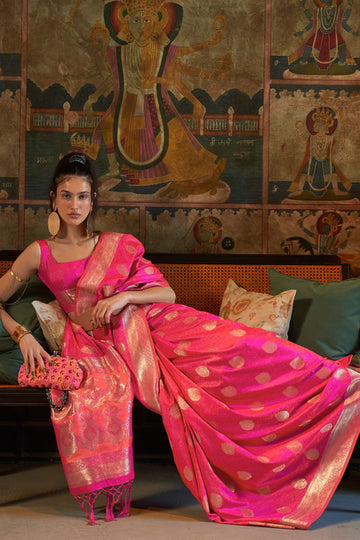 Rani Pink Woven Pure Satin Tanchoi Saree for Festival