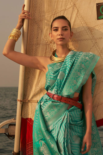 Sea Green Woven Satin Nylon Party Wear Saree