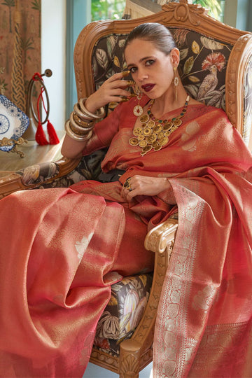 Kalki Koechlin Salmon Pink Satin Tissue Nylon Wedding Saree