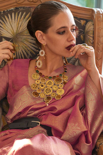 Kalki Koechlin Puce Pink Satin Tissue Nylon Wedding Saree
