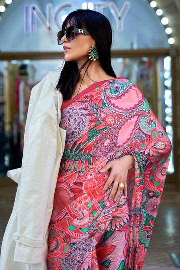 Pink Satin Crepe Printed Party Wear Saree