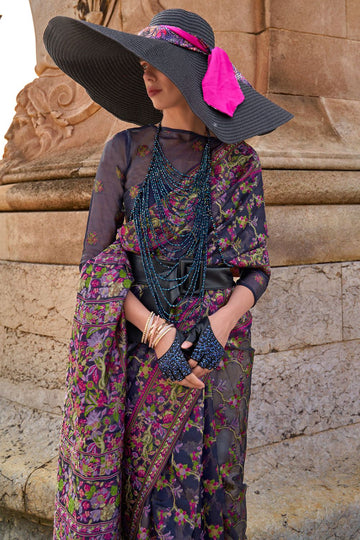 Midnight Blue Organza Parsi Handloom Weaving Party Wear Saree