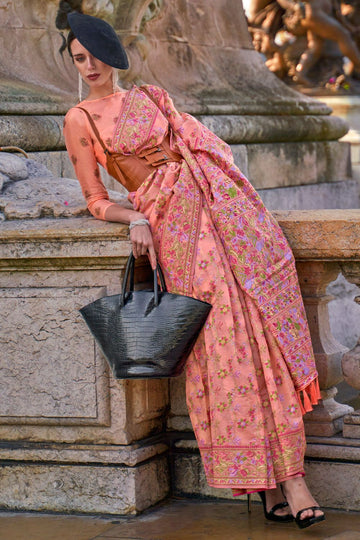 Peach Organza Parsi Handloom Weaving Party Wear Saree