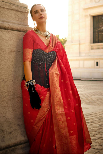 Hot Red Handloom Spun Silk Woven Saree for Party