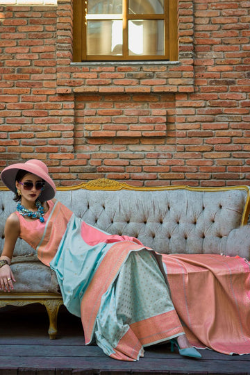 Ice Blue and Puce Pink Handloom Weaving Silk Saree for Party