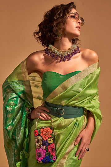 Parrot Green Handloom Weaving Silk Saree for Party