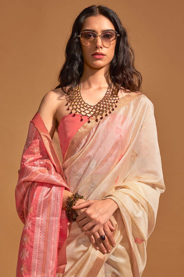 Ivory Handloom Weaving Silk Saree for Party