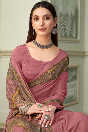 Dusty Pink Silk Crepe Saree with Digital Print