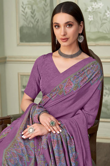 Dusty Purple Silk Crepe Saree with Digital Print