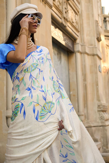 Ivory Digital Print Satin Crepe Saree for Party