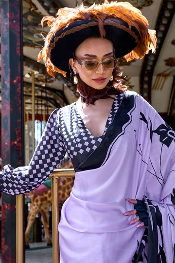 Lavender Digital Print Satin Crepe Saree for Party