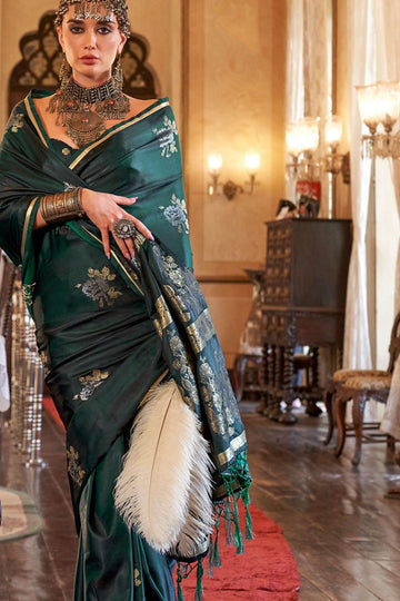 Pine Green Handloom Weaving Pure Satin Silk Saree