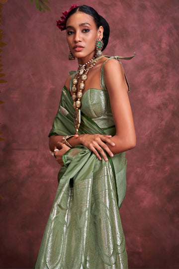 Sage Green Handloom Weaving Pure Satin Silk Saree