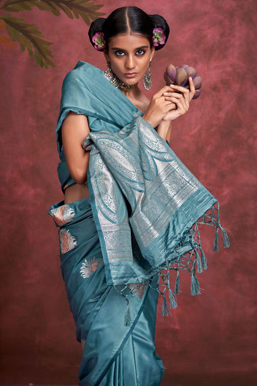 Teal Blue Handloom Weaving Pure Satin Silk Saree