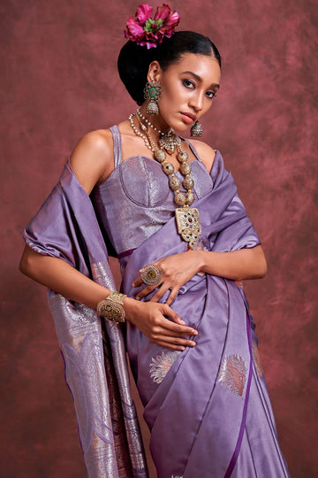 Mauve Handloom Weaving Pure Satin Silk Saree