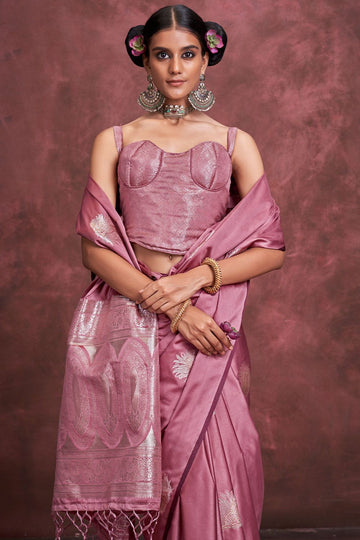 Old Rose Pink Handloom Weaving Pure Satin Silk Saree