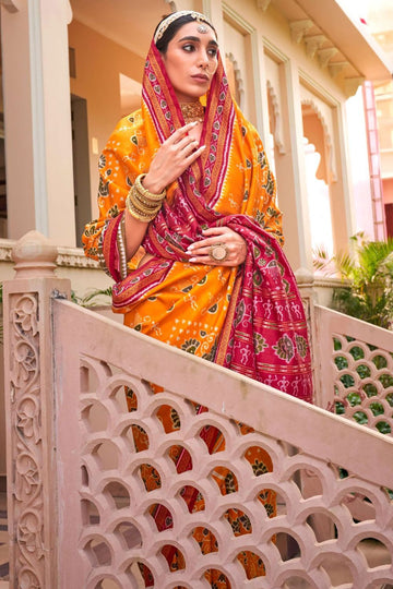Golden Yellow Silk Printed Party Wear Saree