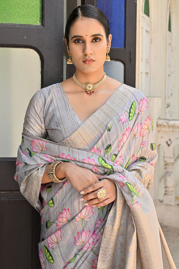 Grey Banarasi Silk Zari Woven Party Wear Saree