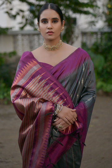 Grey Raw Silk Zari Woven for Party