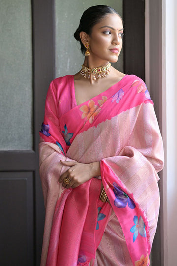 Pink Banarasi Silk Zari Woven Party Wear Saree
