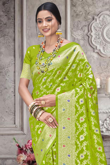 Parrot Green Silk Woven Work Saree
