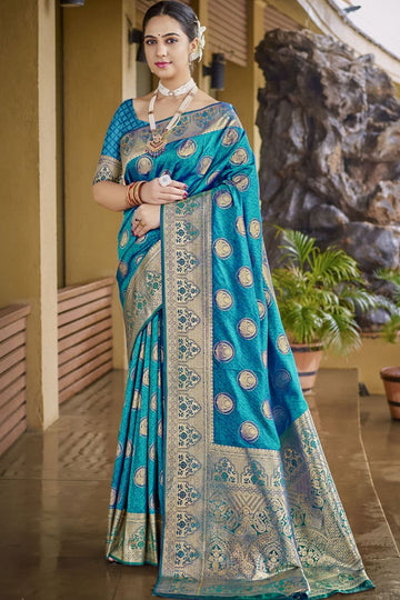 Firozi Blue Silk Zari Woven Saree