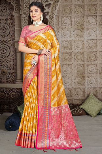 Golden Yellow Silk Woven Work Saree