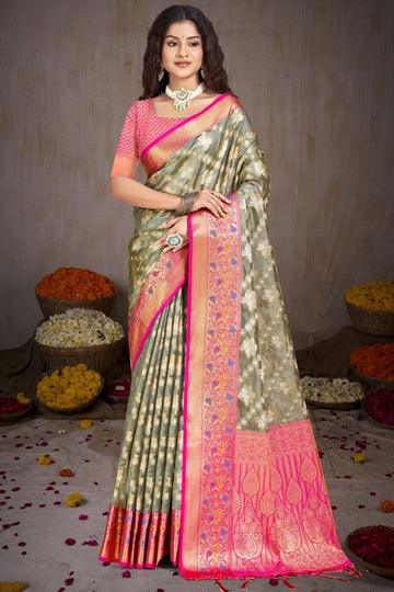 Grey Silk Woven Work Saree