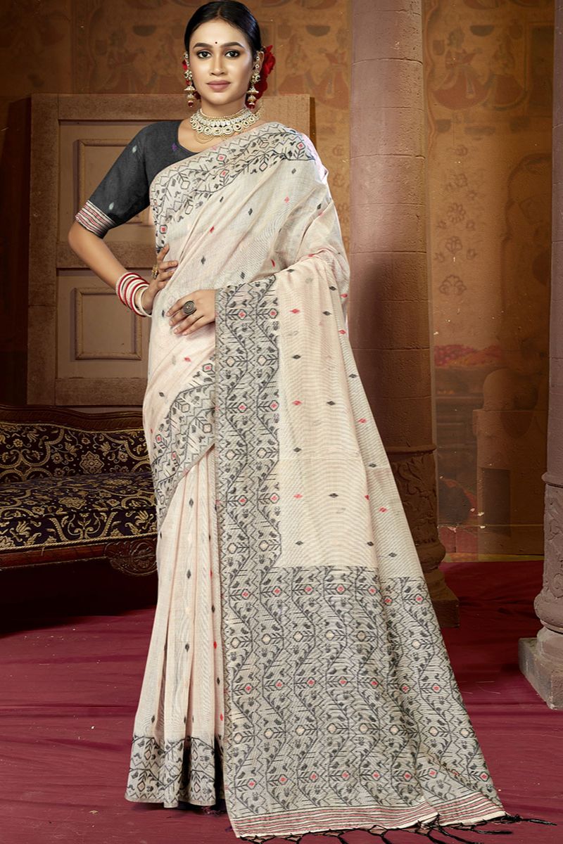 Ivory Emboss Print Cotton Saree