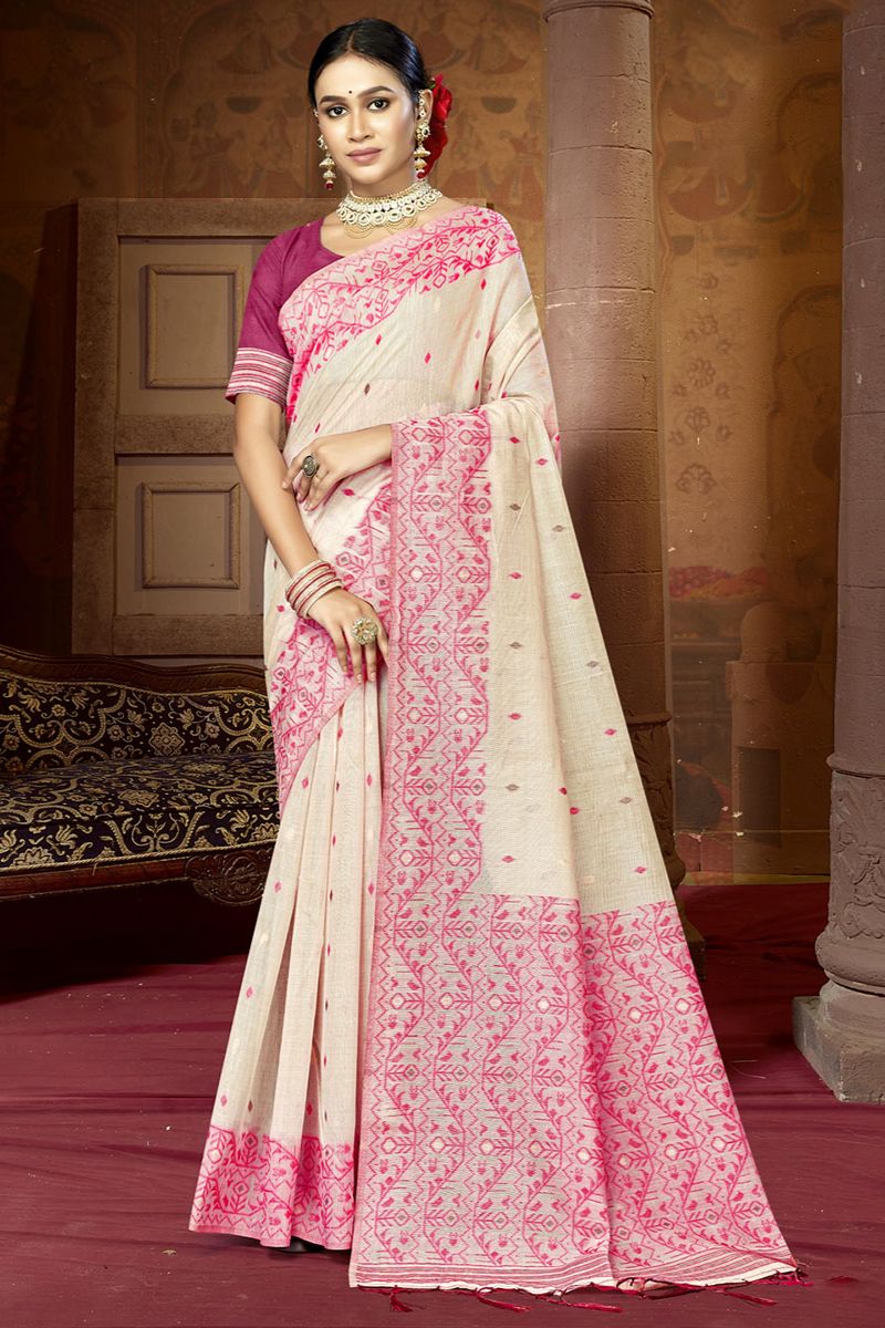 Ivory Emboss Print Cotton Saree