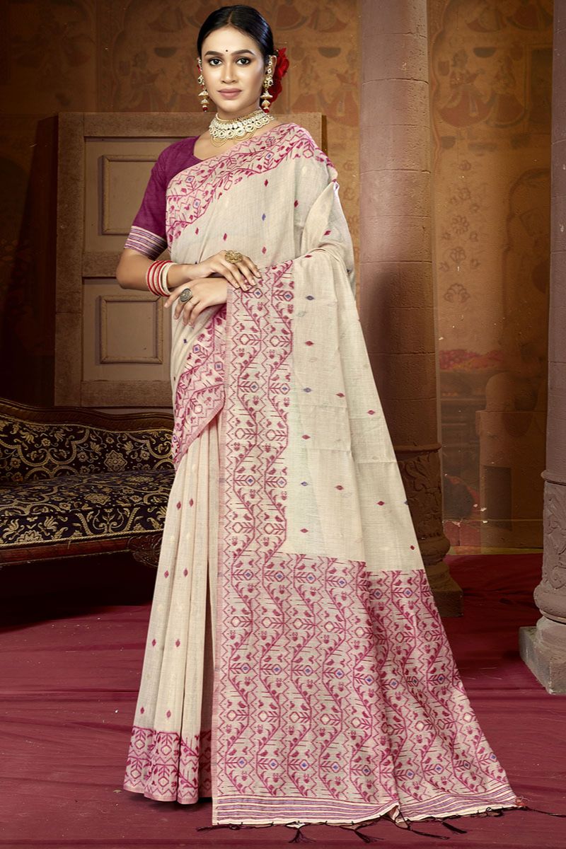 Ivory Emboss Print Cotton Saree