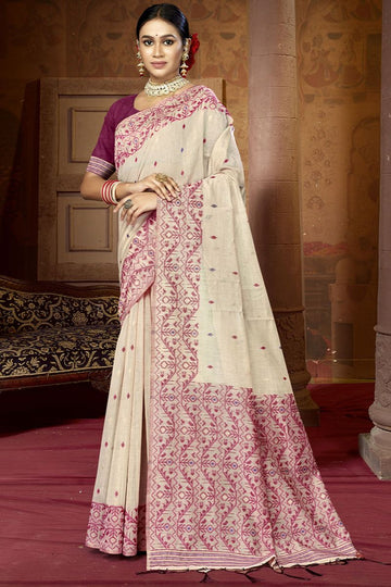 Ivory Emboss Print Cotton Saree