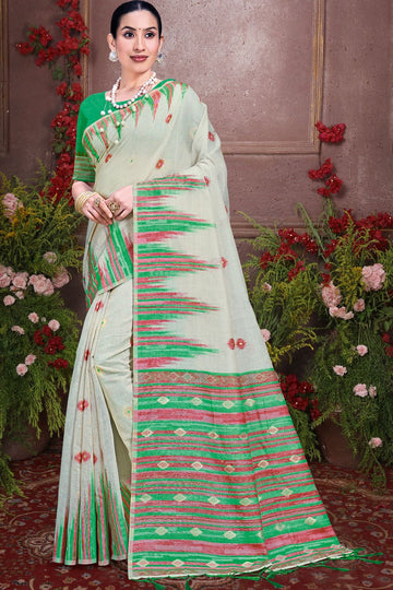 Ivory Printed Cotton Saree