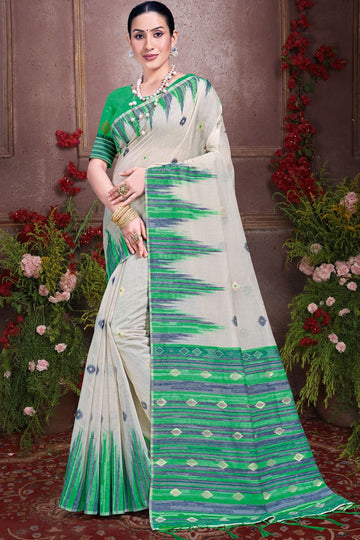Ivory Printed Cotton Saree