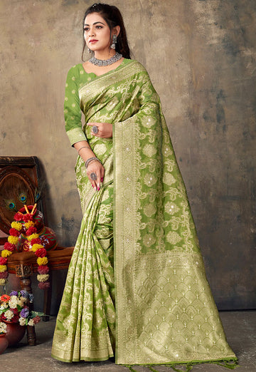 Lime Green Woven Organza Saree for Party