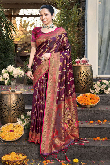 Maroon Silk Zari Woven Saree