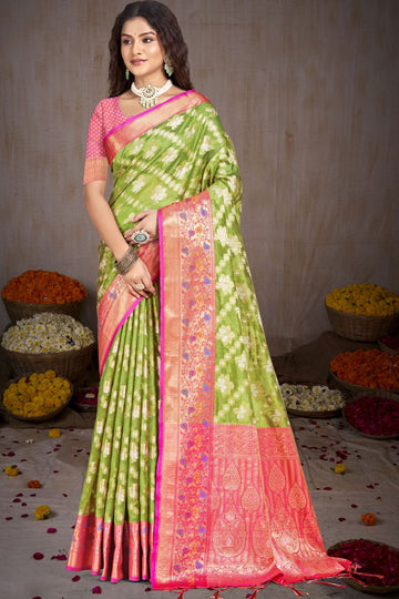 Parrot Green Silk Woven Work Saree