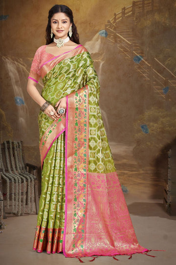 Parrot Green Silk Woven Work Saree