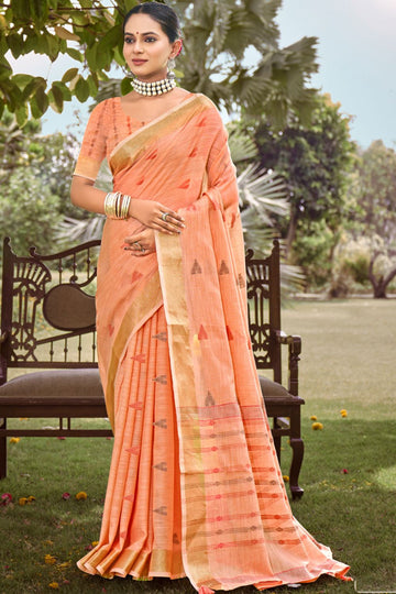 Peach Cotton Woven Saree