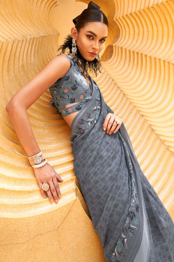 Slate Grey Georgette Printed Saree