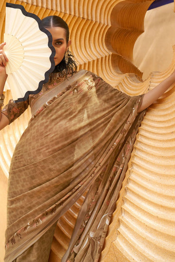 Khaki Brown Georgette Printed Saree